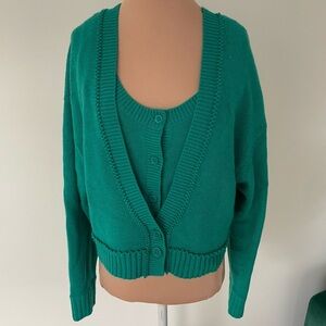 DOROTHEE SCHUMACHER Wool Cashmere Knit Green Tank Cardigan Sweater Set EUC 1/S